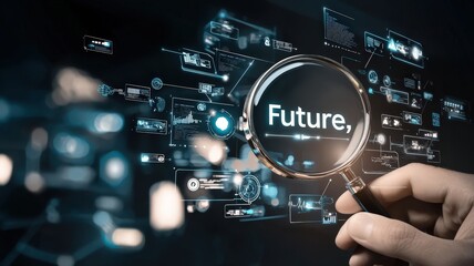 magnifying on word in business concept. A hand holding a magnifying glass focuses on the word "Future" within a digital interface.