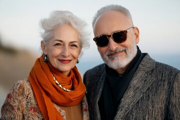 Couple enjoys a joyful moment by the beach at sunset, celebrating love and connection in a serene atmosphere