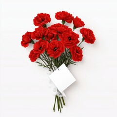 Obraz premium Romantic Note Peeking Out of a Bouquet of Bright Red Carnations