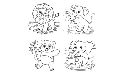 Adorable Animal Coloring Page for Kids Lion, Elephant, and Panda Illustrations