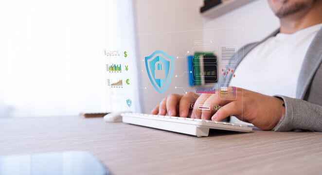 cybersecurity concepts. executive manages graphs, investments and data safely and securely