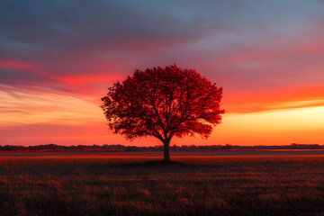 Fototapeta premium Red Heart-Shaped Tree in Open Field at Sunset - Tranquil Love Landscape