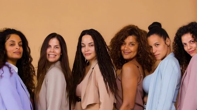 diversity, solidarity, self love, and body positive concept. portraits of multi ethnic women on beige background