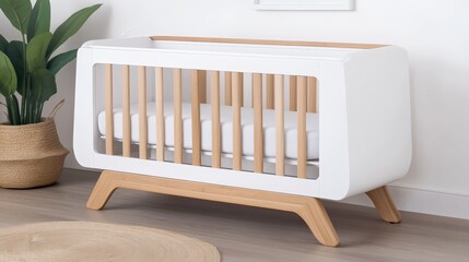 Modern crib with a minimalist design for infants, featuring wooden legs and a soft mattress.
