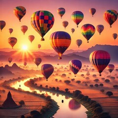 Obraz premium A fleet of colorful hot air balloons drifting across a serene landscape at sunrise. The vibrant hues of the balloons contrast against the soft orange and pink sky