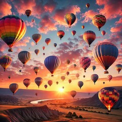 Fototapeta premium A fleet of colorful hot air balloons drifting across a serene landscape at sunrise. The vibrant hues of the balloons contrast against the soft orange and pink sky