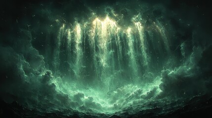 Emerald storm clouds part to reveal ethereal light. Ideal for fantasy book covers album art or phone backgrounds.