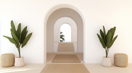 Mediterranean interior design of modern home entryway with arched doorway