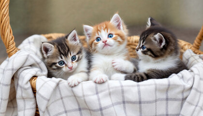 Three adorable kittens playing together in a woven basket with a cozy blanket