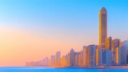 Naklejka premium Beautiful Far East capital view with skyscrapers at sunset