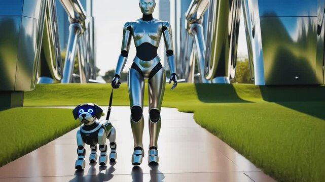 The Future of Companionship: A sleek, humanoid robot strolls through a futuristic urban landscape, leading a robotic dog on a leash.