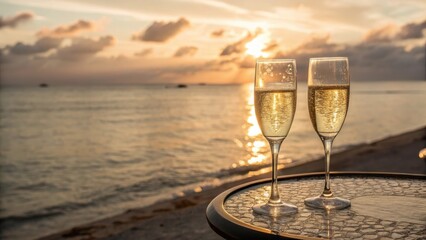 Obraz premium Sparkling wine glasses at sunset by the beach