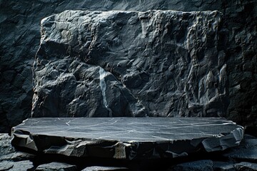 High Detail Image of Dark Stone Podium with Textured Rocky Background for Product Display