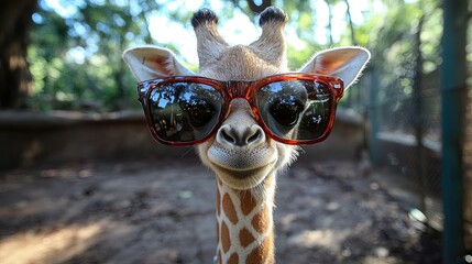 Obraz premium Giraffe wearing sunglasses poses playfully in a zoo habitat, captivating visitors with a charming expression