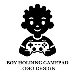 Minimalist Boy Holding Gamepad Logo Design for Gaming Brands, E-Sports Teams, and Video Game Enthusiasts Featuring Clean Black and White Style