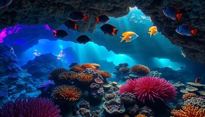 Vibrant Underwater Coral Reef Scene with Colorful Fish