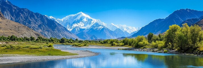 Fototapeta premium River Winding Through Snowy Mountain Valley - Serene river meanders through a valley, flanked by snow-capped mountains and lush greenery. Symbolizing peace, tranquility, nature's beauty, adventure, a