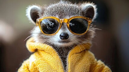 Raccoon wearing sunglasses and yellow jacket poses stylishly indoors during daytime
