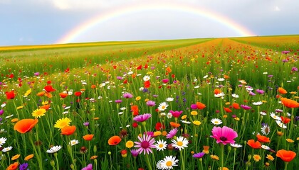 Obraz premium Vibrant Wildflower Meadow with Rainbow Landscape