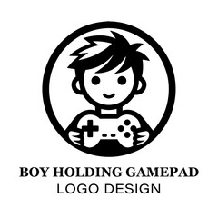 Minimalist Boy Holding Gamepad Logo Design for Gaming Brands, E-Sports Teams, and Video Game Enthusiasts Featuring Clean Black and White Style
