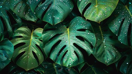 Rain-soaked monstera leaves with sparkling water droplets, hyper-detailed textures