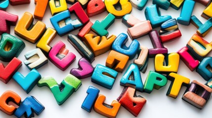 Fototapeta premium Colorful wooden letters scattered on a white surface, ideal for educational and creative projects