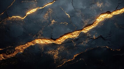 A dark textured surface with golden cracks, creating a striking contrast that evokes a sense of depth and elegance.