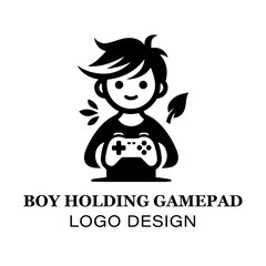 Minimalist Boy Holding Gamepad Logo Design for Gaming Brands, E-Sports Teams, and Video Game Enthusiasts Featuring Clean Black and White Style