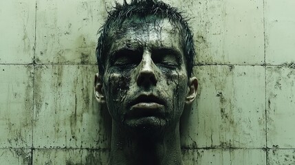 A man covered in dark liquid lies against a tiled wall. His eyes are closed and his expression is serene. The image evokes themes of despair and surrender.