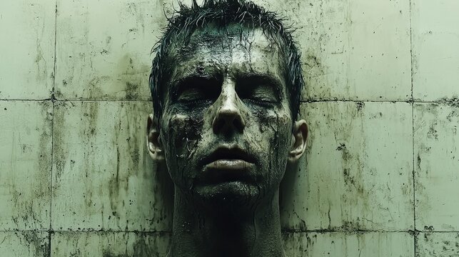 A man covered in dark liquid lies against a tiled wall. His eyes are closed and his expression is serene. The image evokes themes of despair and surrender.