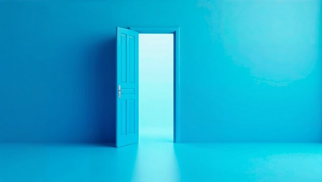 Puerta abierta azul en fondo minimalista