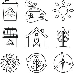 Set of Simple Line Art Icons Depicting Sustainable Living Practices