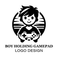 Minimalist Boy Holding Gamepad Logo Design for Gaming Brands, E-Sports Teams, and Video Game Enthusiasts Featuring Clean Black and White Style