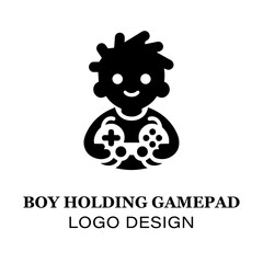 Minimalist Boy Holding Gamepad Logo Design for Gaming Brands, E-Sports Teams, and Video Game Enthusiasts Featuring Clean Black and White Style