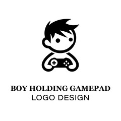 Minimalist Boy Holding Gamepad Logo Design for Gaming Brands, E-Sports Teams, and Video Game Enthusiasts Featuring Clean Black and White Style