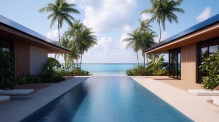 Eco-friendly garden greenery walls in an urban setting Tropical villa with a pool overlooking the ocean and palm trees.
