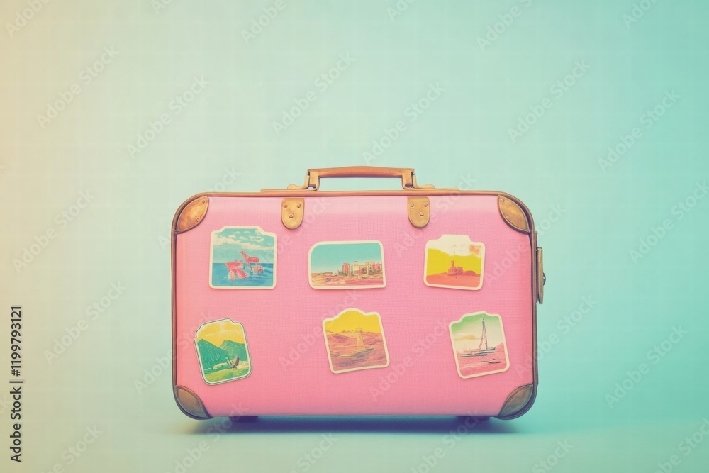 Poster retro suitcase adorned with colorful travel stickers evokes memories of journeys and adventures from