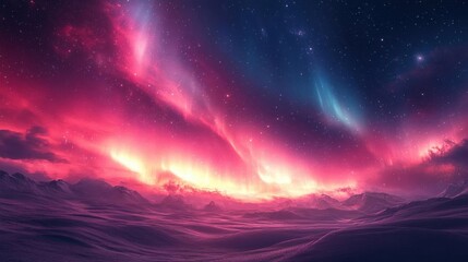Obraz premium A stunning cosmic landscape featuring vibrant pink and blue auroras illuminating a tranquil, starry sky above a snowy terrain.