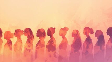 Abstract composition celebrating diversity with silhouettes of women in vibrant warm gradient background..