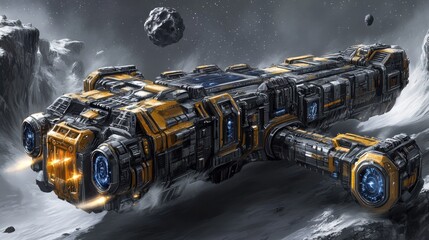 Futuristic spaceship navigating through an asteroid field in deep space with glowing engines