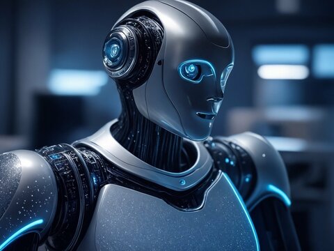 Robot di intelligenza artificiale translucida in posa verso il futuro