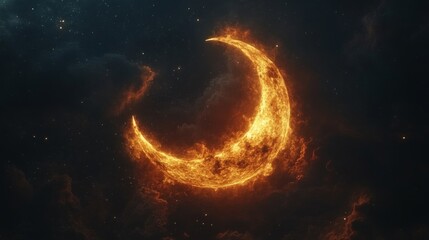 Obraz premium Fiery Crescent Moon in a Starry Night Sky