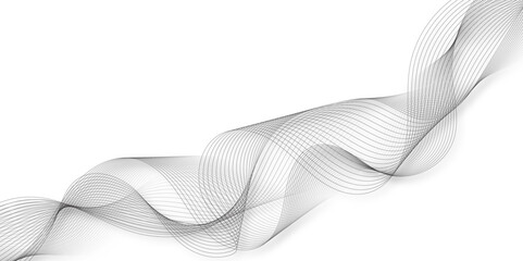Abstract grey, white smooth element swoosh speed wave modern stream background. Wave with lines created using blend tool. Abstract frequency sound wave lines and twisted curve lines background.	