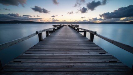 Obraz premium A serene wooden pier stretches into the horizon, with intricately arranged horizontal planks and vertical/horizontal railings offering a tranquil escape by water