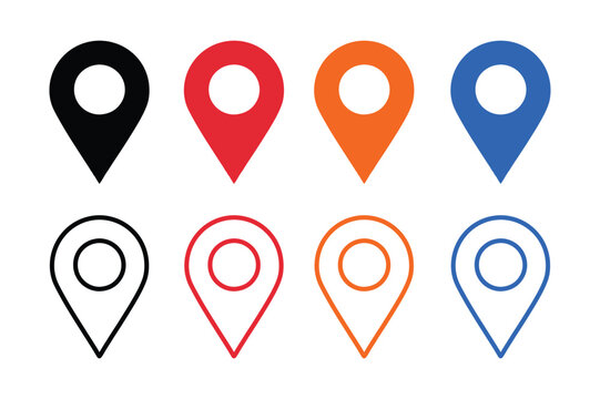 colorful location icon set map pointer pin sign symbol solid and outline designs place address navigation locator sign vector illustration