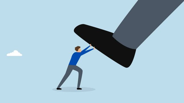 Unfair competition, 4k animation of tiny worker attempting to resist rival large stature.