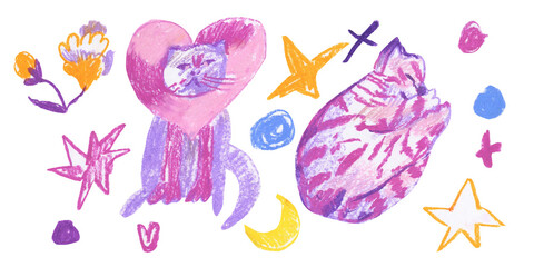 Clip art magical cats drawn with wax crayons on white isolated background. Children's animals collection of oil pastel illustrations. Designs for greeting cards, stickers, social media, posters.