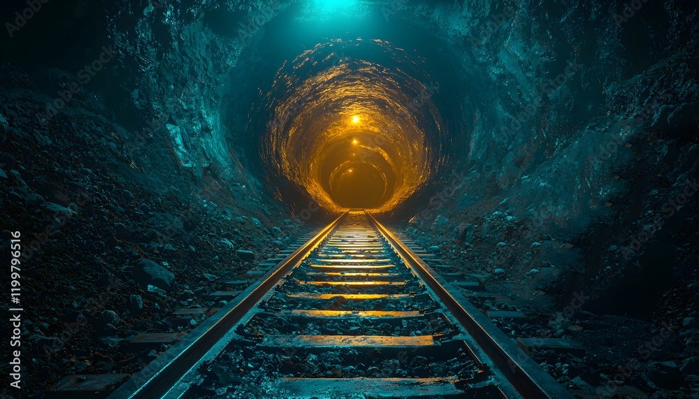 Poster A Captivating Perspective of a Dark Underground Train Tunnel Illuminated by Glowing Lights Reflecting on the Rails and Walls in a Mysterious Atmosphere