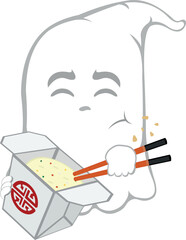 vector illustration character ghost cartoon, eating chinese food in a cardboard box of rice with chopsticks