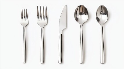 A variety of polished silver cutlery, including a fork, knife, and spoon, arranged neatly on a white background.
